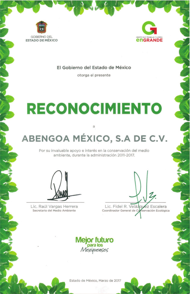 Abengoa recognized for its role in environment conservation by the Government of Mexico