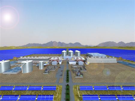 Virtual rendering of Solana, the 250-megawatt net plant being built in Arizona.