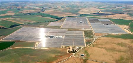 Aerial view of Solnova 1 and 3, two of the parabolic trough plants in operation at the Solúcar Solar Complex, (Seville), Spain.