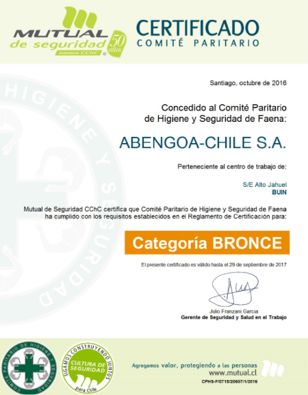 Abengoa Chile consigue una distinción en materia de higiene y seguridad