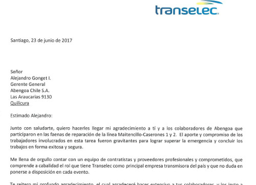 Abengoa recibe un reconocimiento de la empresa Transelec por la reparación de una línea de transmisión en Chile